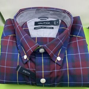 Nautica Men's Classic Fit Burgandy Stretch Long Sleeve Button Shirt Small NEW
